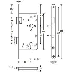 SSF - Front door mortise lock, 22/65/92/10 mm, PZW version, Square faceplate, DIN left